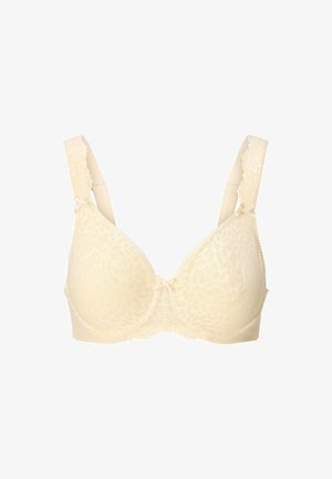 Beige Spitze-BH mit gepolsterten Cups, floralem Muster, verstellbaren Trägern, einer Schleifendetails in der Mitte und strukturierten Seiten.