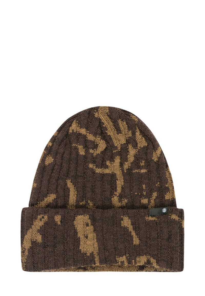 Berretto a maglia di colore marrone scuro con un pattern astratto marrone chiaro. Presenta un orlo piegato e una piccola etichetta nera sul lato. Texture morbida.