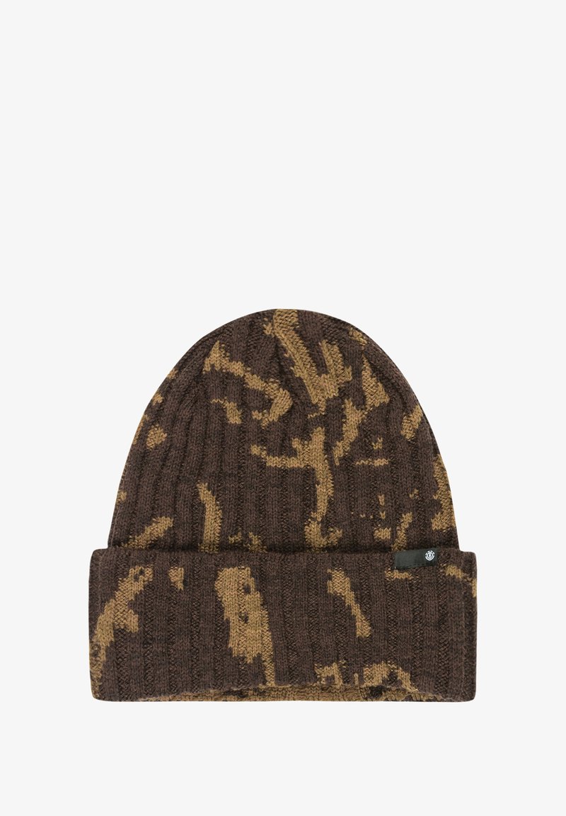 Gorro de punto marrón oscuro con un patrón abstracto marrón claro. Presenta un borde doblado y una pequeña etiqueta negra en el lateral. Textura suave.
