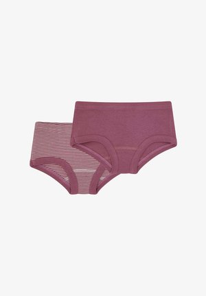 Twee paar katoenen boyshorts: één in effen mauve en de andere in mauve en witte strepen. Beide hebben een zachte tailleband en beenopeningen.