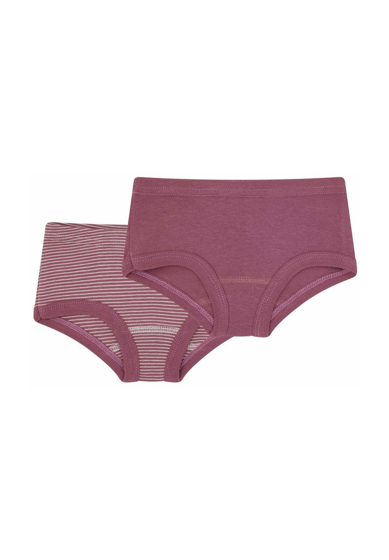 Twee paar katoenen boyshorts: één in effen mauve en de andere in mauve en witte strepen. Beide hebben een zachte tailleband en beenopeningen.