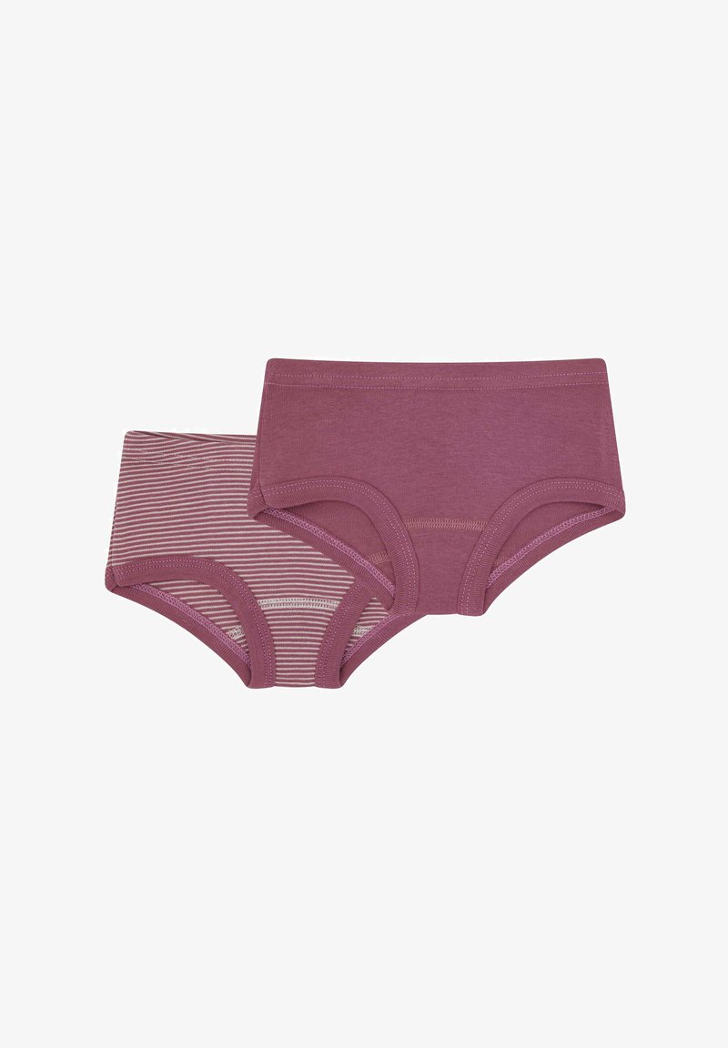 Two pairs of cotton boyshorts: one solid mauve, the other in mauve and white stripes. Both feature a soft waistband and leg openings.