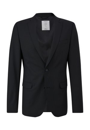 Zwarte blazer van gestructureerde stof. Bevat een enkele knoopsluiting, notch revers en twee zijzakken. Interne label zichtbaar.