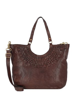 Borsa a spalla in pelle marrone con un design circolare intrecciato nella parte superiore. Dispone di due spallacci e dettagli in metallo dorato.