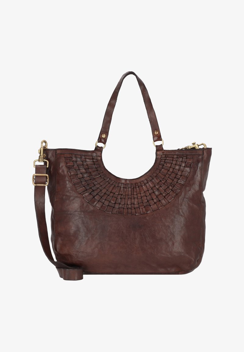 Sac à bandoulière en cuir marron avec un design circulaire tressé en haut. Comprend deux sangles de taille et des accents en matériel doré.