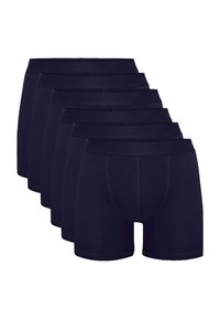 Set van zes marineblauwe boxershorts, gemaakt van zachte stof met elastische taillebanden, met een gladde textuur en een middellange snit.