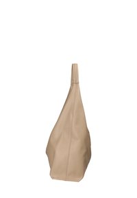 Borsa a mano in pelle beige con finitura texturizzata, forma triangolare e manico superiore singolo. Senza hardware o decorazioni visibili.