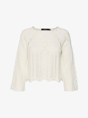 Gebreide trui, crèmekleurig, cropped ontwerp, met opengewerkte patronen en een gegolfde zoom, met lange, ruime mouwen en een ronde halslijn.