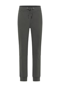 Graue sportliche Jogginghosen aus weichem Material, mit elastischem Bund und Kordelzug, seitlichen Taschen und gerippten Knöchelbündchen.