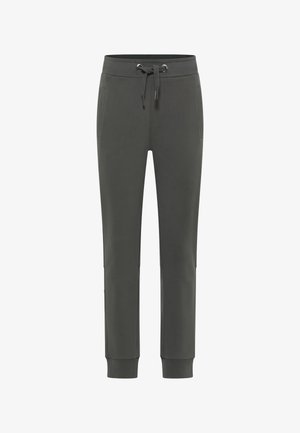 Gray athletic jogger pants made of soft fabric, featuring an elastic waistband with drawstring, side pockets, and ribbed ankle cuffs.