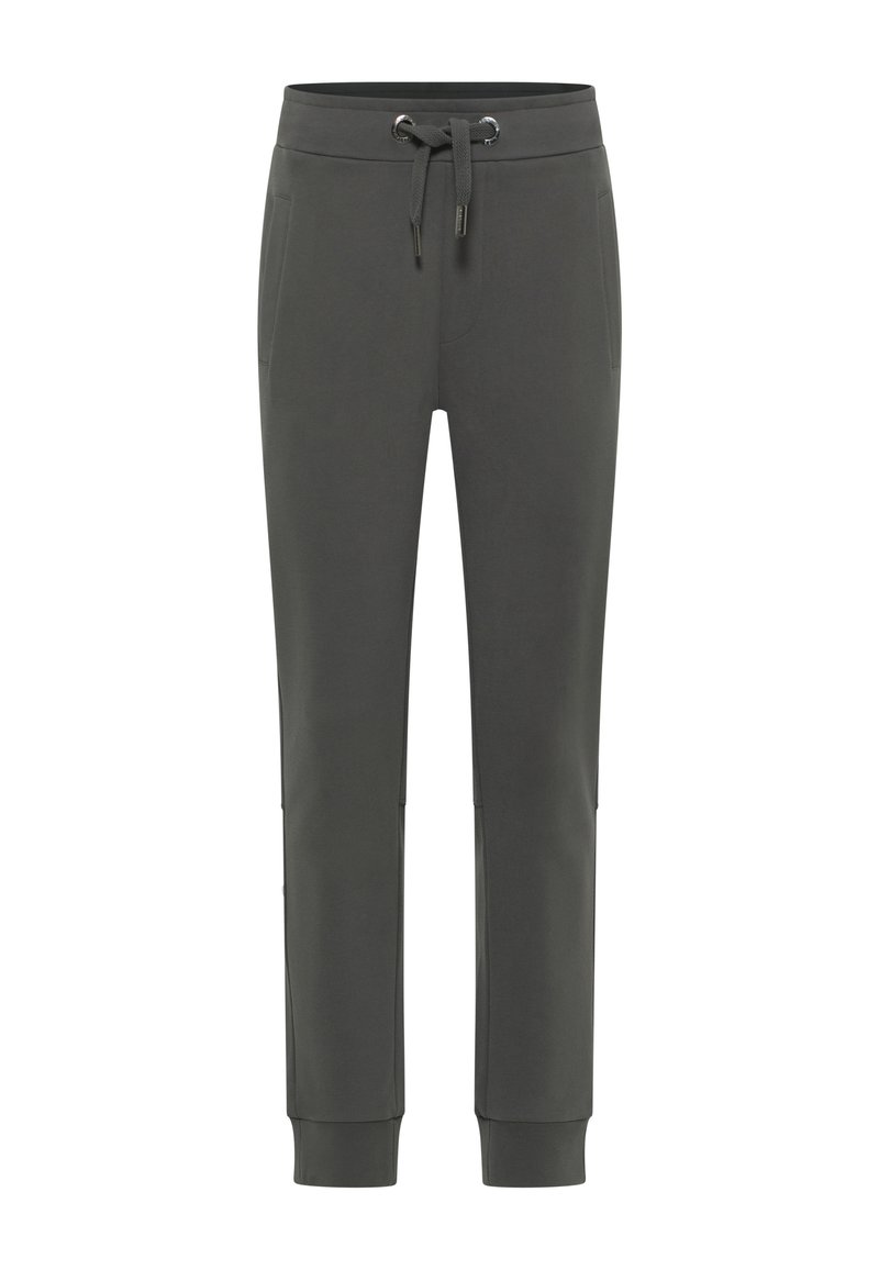 Graue sportliche Jogginghosen aus weichem Material, mit elastischem Bund und Kordelzug, seitlichen Taschen und gerippten Knöchelbündchen.