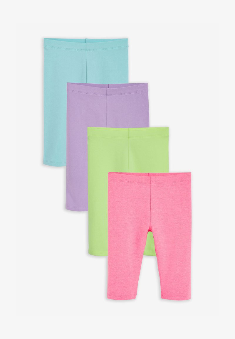 Vier paar legging in pastelkleuren: lichtblauw, lavendel, groen en felroze. Elk heeft een gladde textuur en een elastische tailleband.