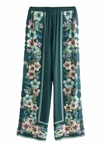 Teal wijde broek met verticale bloemenpatronen in navy en crème langs de zijkanten. Zachte stof met een elastische tailleband.