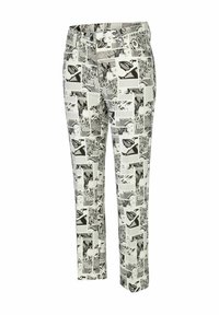 Graphic print trousers featuring a comic strip design in black and white, with a slim fit and elastic waistband for comfort.