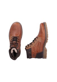 Bottes en cuir marron à lacets avec col de cheville rembourré noir, panneaux latéraux beiges, semelle robuste et doublure intérieure en fourrure, vues de dessus et de côté.