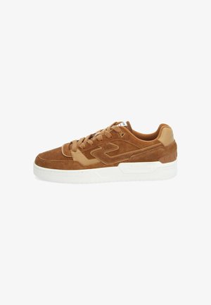 Brown suede and leather sneaker with a white rubber sole, round toe, and classic lace-up design. Features logo accents on the side.