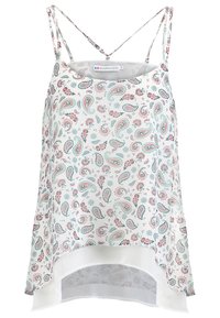 Blouse blanche sans manches avec imprimé cachemire rose et turquoise, bretelles doubles fines et ourlet arrière en voile légèrement plus long.