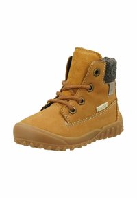 Botas de ante en color marrón claro con un cuello de tela gris, puntera redonda, cordones marrones y ojetes metálicos; suela de goma con agarre texturizado.