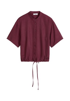 Bordeauxfarbene Kurzarmbluse mit Knopfleiste, rundem Kragen, weiter Passform und verstellbarem Kordelzugsaum.