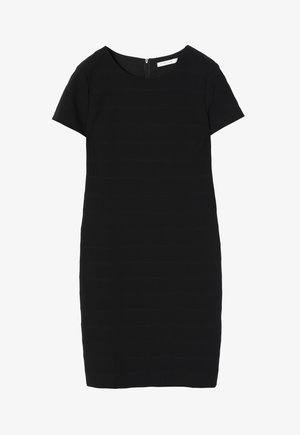 Zwart jurkje met korte mouwen in een aansluitende pasvorm en textuur met horizontale lijnen. Heeft een ronde halslijn en een ritssluiting aan de achterkant.