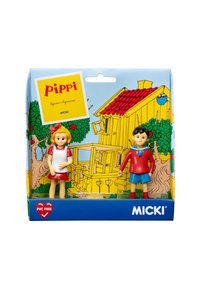 Legetøjsfigurer af en pige i rød kjole med sløjfe og en dreng i rød og blå dragt, vist i en farverig emballage med en husillustration.