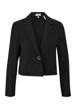 Zwarte cropped blazer van gestructureerde stof, met een geknipte kraag, enkele knoopsluiting en lange mouwen. Eenvoudig, minimalistisch ontwerp.
