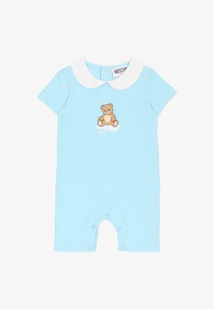 Lyseblå romper med korte ærmer og krave i hvid, med en brun bamseprint foran og trykknapper i bunden.