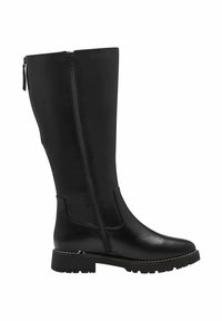 Black knee-high boot made of smooth leather. Features a side zipper, sturdy sole with traction, and minimalist design without embellishments.