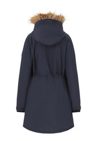 Marine Parka mit Kordelzug in der Taille, ausgestattet mit einer Kapuze, die mit Kunstfell besetzt ist. Glatte Textur und lange Ärmel mit schwarzen Bündchen.