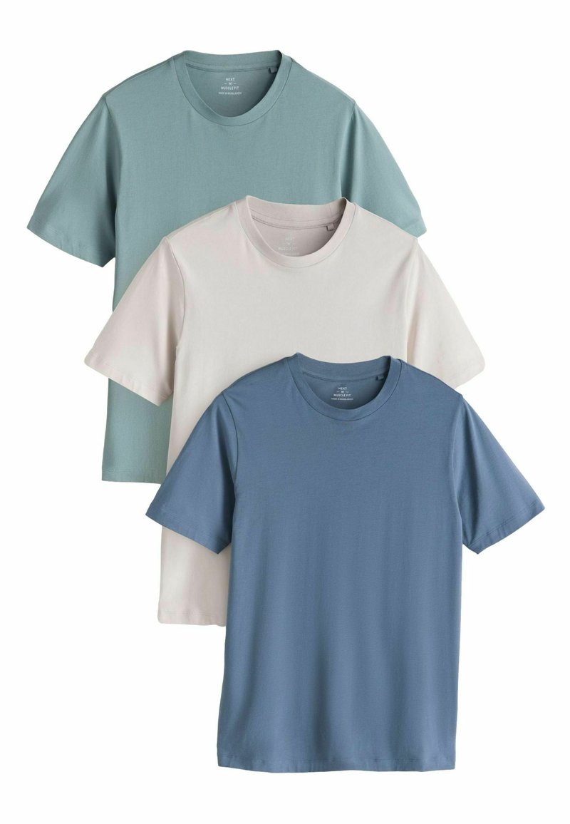 Komplekts ar trim īsām piedurknēm T-krekliem gaiši zilā, gaiši rozā un tirkīzzilā krāsā. Izgatavoti no mīksta, gluda auduma ar apaļu kakla izgriezumu.