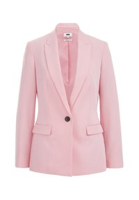 Ein hellrosa Damenblazer mit einem Knopf, Reverskragen und zwei aufgesetzten Taschen, auf einem weißen Hintergrund präsentiert.