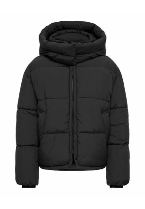 Juoda pūkinė striukė su aukštu apykakliu, siuvinėta, su užtrauktuku priekyje ir elastinėmis rankogaliais. Turi dėžutės formos siluetą su šoniniais kišenėmis.