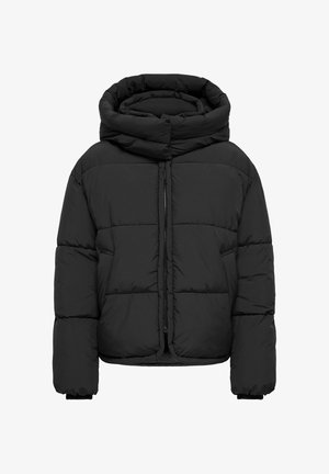 Zwarte donsjas met een hoge kraag, doorgestikt design, ritssluiting aan de voorkant en elastische manchetten. Heeft een boxy pasvorm met zijzakken.