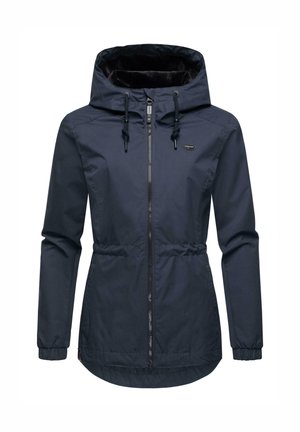 Navy blue windbreaker jacket with a hood, drawstring, elastic cuffs, and a zip front. Soft inner lining and cinched waist for adjustable fit.