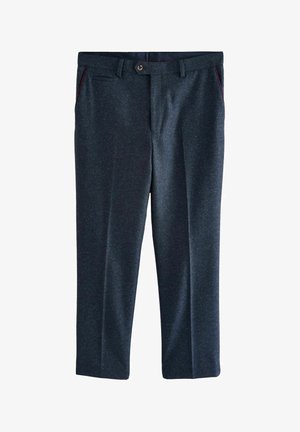 Navy trousers made of textured fabric, featuring a straight leg design, side pockets, and a subtle contrasting trim on the edges.