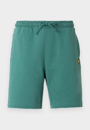 Pantaloni scurți din bumbac până la genunchi, de culoare albastru-verzui, cu talie elastică și șnur, buzunare laterale și un mic logo brodat galben pe piciorul stâng.