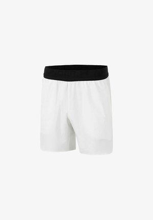 Shorts de sport blancs avec une large ceinture élastique noire, conçus pour le sport ou une tenue décontractée.