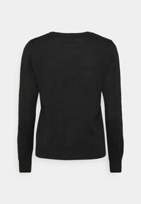 Pull noir à manches longues, en tissu tricoté lisse, avec un col arrondi et des poignets et un ourlet côtelés, présenté de dos.