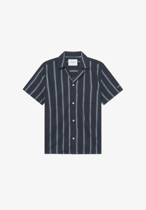 Kortermet marineblå skjorte med hvite vertikale striper, lett stoff, klassisk krage, en brystlomme og fem knapper.