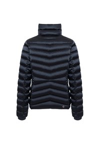 Chaqueta de plumas negra con cuello alto, que presenta un patrón de acolchado en forma de chevron y puños elásticos. Fabricada con un material ligero y brillante.