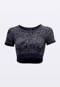 Cropped top in dark gray with an abstract swirl pattern. Made from stretchy fabric, featuring short sleeves and a round neckline.