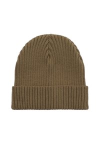Czapka beanie w oliwkowym kolorze, wykonana z prążkowanej dzianiny. Posiada podwinięty mankiet oraz gładką fakturę z prostym, nieskomplikowanym wzorem.