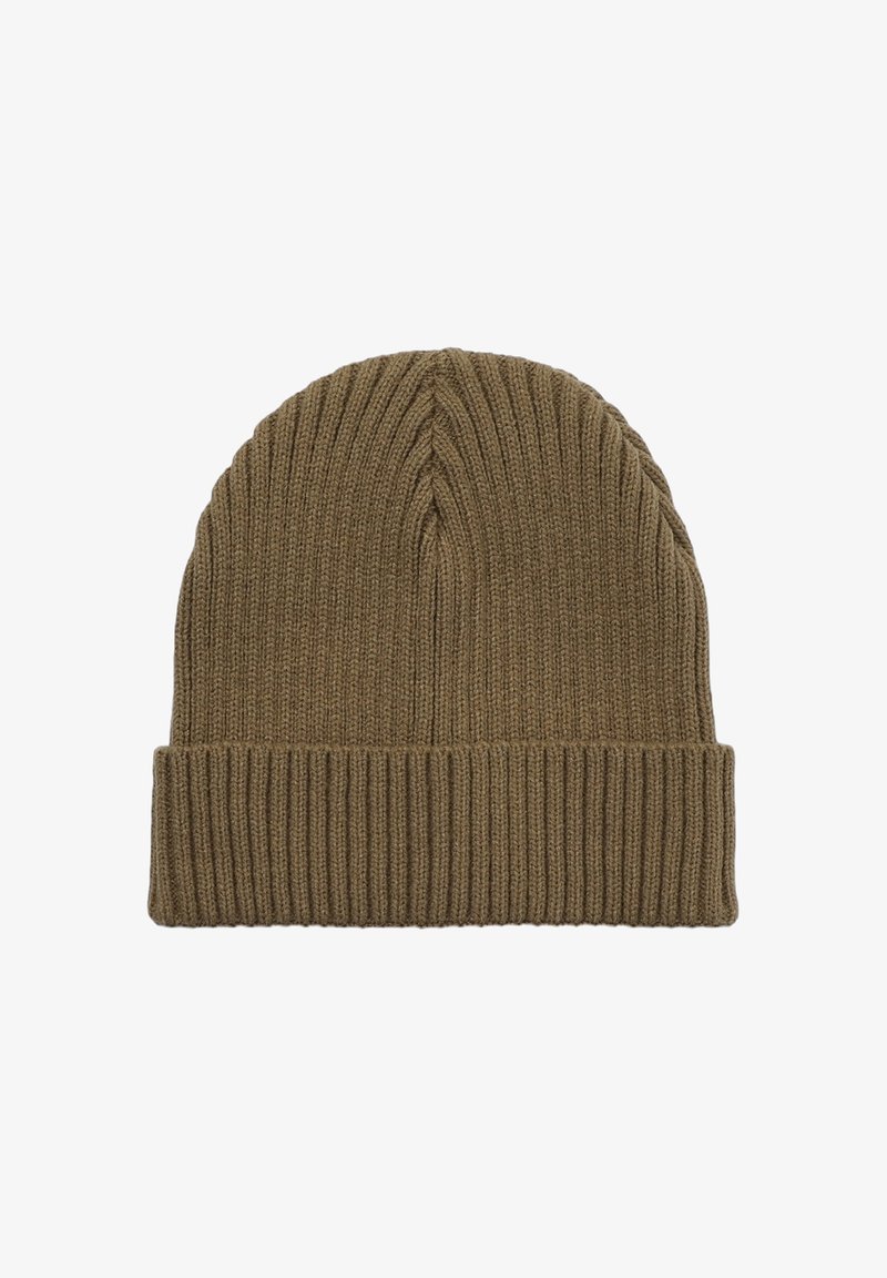 Czapka beanie w oliwkowym kolorze, wykonana z prążkowanej dzianiny. Posiada podwinięty mankiet oraz gładką fakturę z prostym, nieskomplikowanym wzorem.