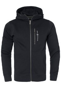 Svart zip-up hoodie i texturerad bomull. Har en framficka med dragkedja och huva, med en logotyp på vänster bröstområde.