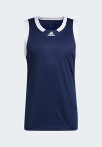 Marineblaue ärmellose Sportoberteile mit weißem Kragen und Armöffnungen, aus strukturiertem Stoff gefertigt. Mit Logo auf der Brust.