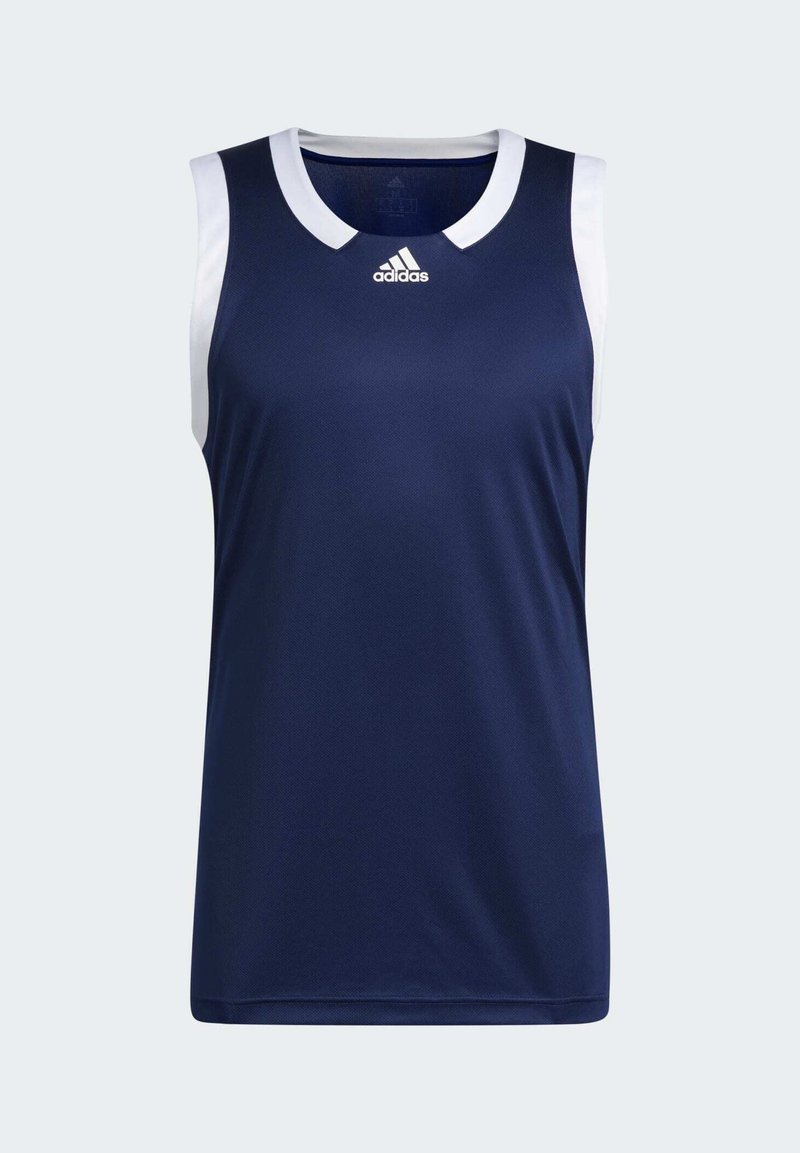 Top atlético sin mangas azul marino con cuello y sisas blancas, hecho de una tela texturizada. Presenta un logotipo en el pecho.