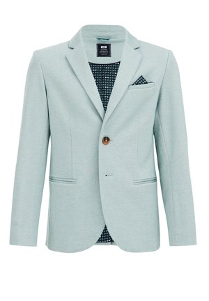 Hellgrüner Blazer mit gekerbtem Revers, Einzelknopfverschluss, zwei Vordertaschen und gemustertem Futter mit dunklen Akzenten.