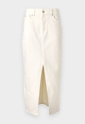 Biely denim sukňa s predným rozparkom, s vysokým pásom, pútkami na opasok a klasickým dizajnom s piatimi vreckami. Textúrovaná tkanina so švovými detailmi.