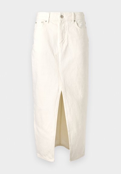 Weiße Denim-Rock mit einem vorderen Schlitz, der einen hohen Taillenbund, Gürtelschlaufen und ein klassisches fünf Taschen-Design aufweist. Strukturierter Stoff mit Steppdetails.