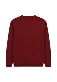 Sudadera burdeos de manga larga, con cuello y dobladillo acanalados, hecha de tela suave con una textura lisa, que presenta un diseño de color sólido.